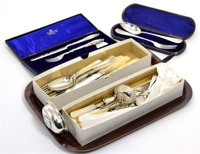 Lot 313 - Six pairs of silver fruit knives and forks, WHM, Sheffield 1905; a Christening spoon and fork;...