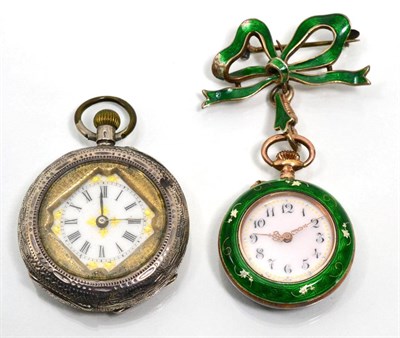 Lot 327 - A lady's green enamel fob watch with attached green enamel bow brooch stamped 900, and a lady's fob