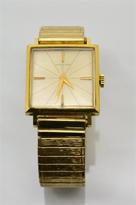 Lot 328 - A gents 18ct gold square shaped wristwatch, signed Hamilton, circa 1970