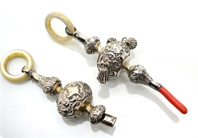 Lot 331 - An Edwardian silver child's rattle with coral teether; and another silver whistle with,...