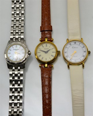 Lot 335 - A lady's plated Gucci wristwatch, a lady's stainless steel Raymond Weil wristwatch and a lady's...