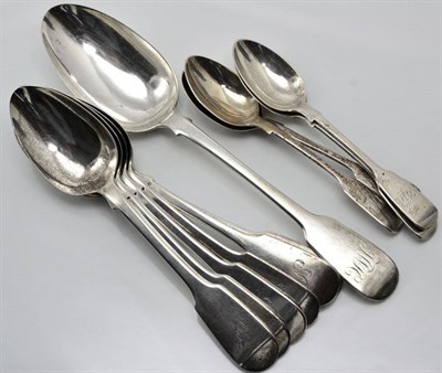 Lot 337 - A set of six Victorian silver fiddle pattern dessert spoons, James Beebe, London, 1838; four...