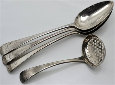 Lot 338 - A set of three George III silver Old English pattern tablespoons, Eley & Fearn, London 1802;...