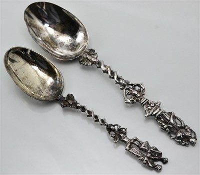 Lot 339 - Two Dutch spoons with cast handles, both apparently unmaked, the smaller example prick engraved...