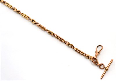 Lot 344 - A 9 carat gold fancy link Albert, of long and knot links, with T-bar, clip and spring ring,...