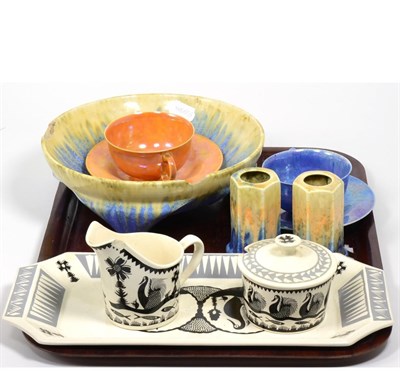 Lot 346 - Scottie Wilson tray, jug, sugar pot and bowl; two Ruskin cups and saucers in blue and orange glaze