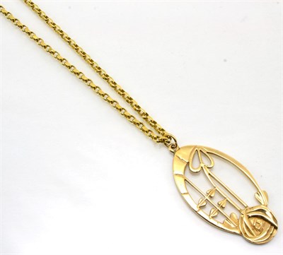 Lot 358 - A 9 carat gold Rennie Mackintosh-style pendant, of pierced oval form, measures 5cm by 2.5cm and a 9