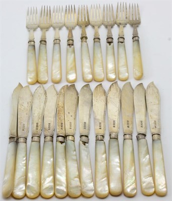 Lot 363 - A part set of silver fish knives and forks, Charles James Allen, Sheffield 1930, with mother of...