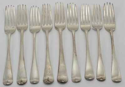 Lot 368 - A group of nine George III silver table forks, various makers, London, 1785-1807, all with...