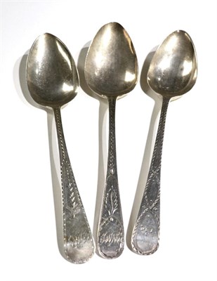 Lot 371 - Three George III silver bright engraved table spoons, one Francis Parsons, one Parsons & Crees,...