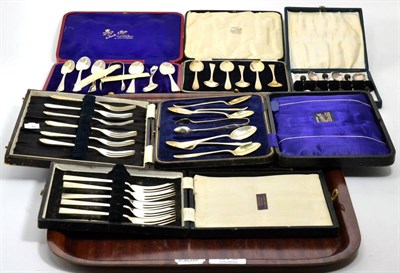 Lot 379 - Six cased sets of silver cutlery comprising teaspoons, coffee bean spoons and forks