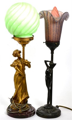 Lot 405 - Two Art Nouveau figural lamps (with shades a.f.) (2)