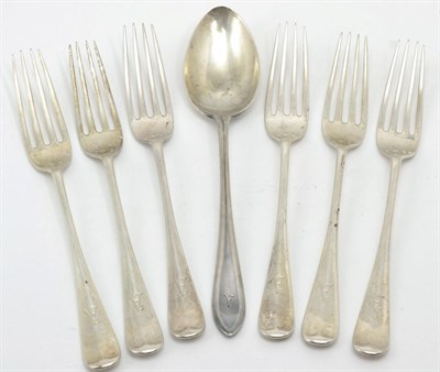 Lot 422 - A set of six late Victorian silver table forks, Walker & Hall, Sheffield 1898; and a silver...