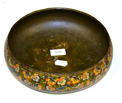 Lot 466 - A 19th century Indian Kashmir papier mache bowl, bird & foliate design, brass liner, 26cm diameter