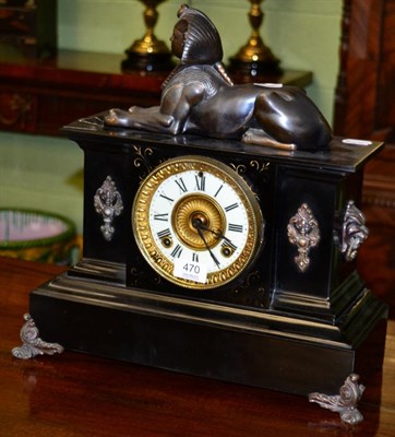 Lot 470 - An Ansonia Clock Company striking slate mantel clock, surmounted by a sphinx and striking on a gong