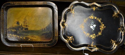 Lot 476 - A Victorian papier mache tray ";Mounts Bay, Cornwall";; and another tray (2)