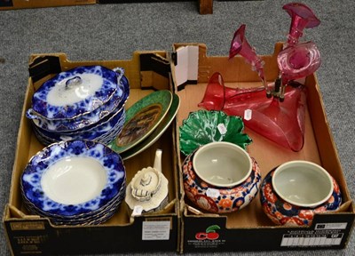 Lot 1000 - Flow blue dinner ware, Imari jardinieres and a cranberry epergne