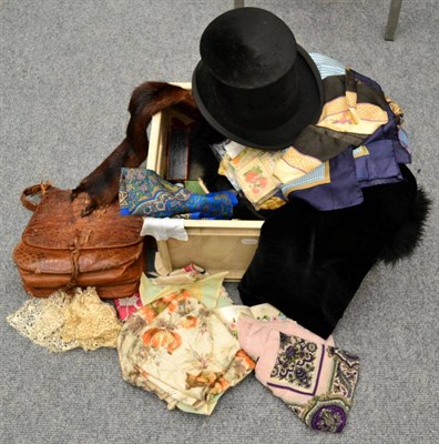 Lot 1004 - A quantity of textiles including silk scarves, ostrich feather stole, 1930's/40's crocodile...