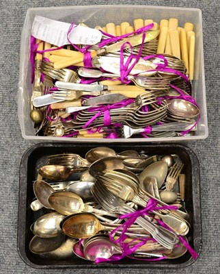 Lot 1006 - A box of miscellaneous silver plated and flatware and spoons (qty)