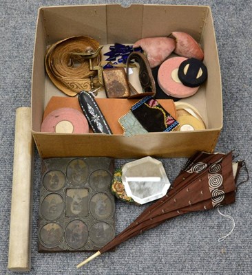 Lot 1008 - Assorted items including papier mache spectacle case, rolls of grosgrain ribbon, Duvelleroy...