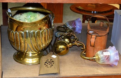 Lot 1026 - Rise and fall light with vaseline shades, coal bucket, cheese dish, fire irons, hot water can etc