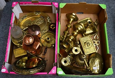 Lot 1031 - A quantity of copper and brass ware including two pairs of brass candlesticks, a pair of...