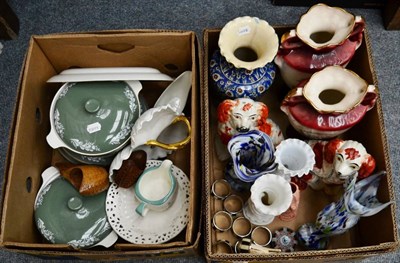 Lot 1032 - Staffordshire dogs, conti vases, Nelson dinner ware, Isnik vase, eight napkin rings etc (2 boxes)