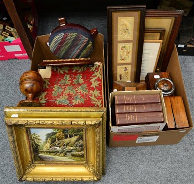 Lot 1037 - Two 19th century tea caddies, an inlaid box, a tapestry covered footstool, six books titled...