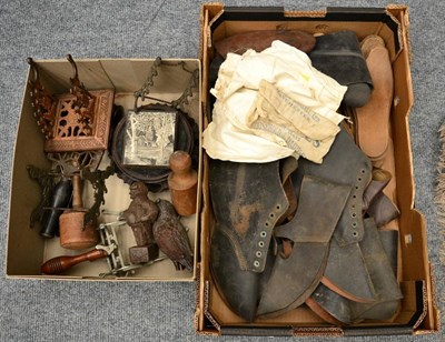 Lot 1038 - Assorted gents leather boot mounts, wooden sole moulds, flour bags, assorted collectable items...