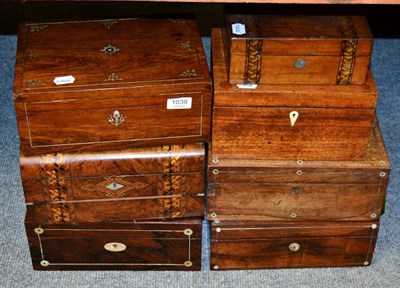 Lot 1039 - Two Victorian rosewood and mother-of-pearl inlaid sewing boxes, Walnut writing slope; and four...