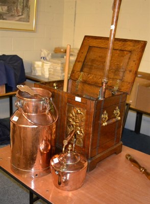 Lot 1053 - A 19th century copper urn together with a copper posser, brass mounted oak box, andirons etc