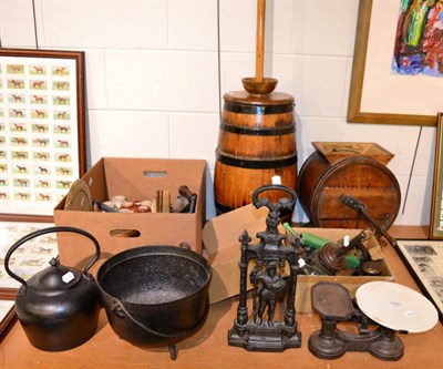 Lot 1080 - Butter churns, scales, weights, kettle, stoneware jars, mincers etc