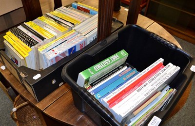 Lot 1121 - Two boxes of books on British Athletics and cricket, a box of ordnance survey maps together...