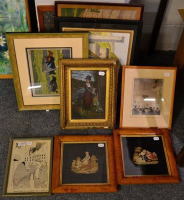 Lot 1167 - A quantity of pictures and prints depicting rural scenes, a coal mine together with  three woolwork