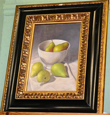 Lot 1184 - *Marcos (Contemporary) Spanish, Still life of pears in a white bowl, signed, oil on canvas, 34cm by