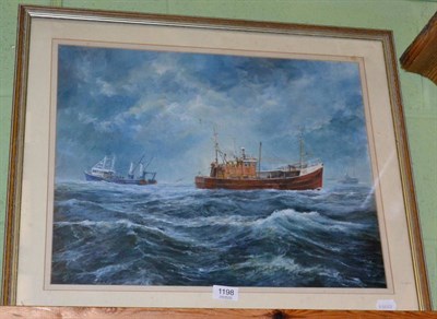 Lot 1198 - Trawlers in rough sea, watercolour