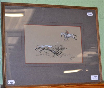 Lot 1203 - Michael Lyne (1912-1989) horse and rider with two racing hounds, signed, pencil, crayon and...