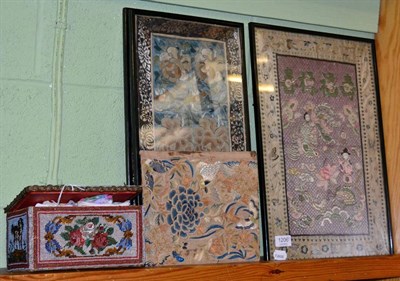 Lot 1206 - A 19th century Continental bead work box; four glazed needlework panels; and an unframed panel (6)