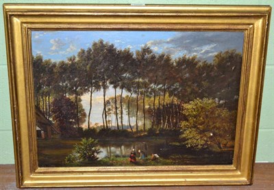 Lot 1208 - Barbizon School (19th century) Wooded river landscape with two figures on the bank, oil on canvas