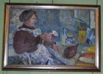 Lot 1213 - Sheila C. Bownas (1925-2007) Portrait of the artist's mother ";Elevenses";, signed, oil on...