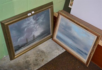 Lot 1216 - 20th century school, grey skies over tower bridge, oil on panel; together with an atmospheric...