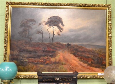 Lot 1218 - British school, 19th century, oil on canvas, figures in a horse and cart on a moorland track,...