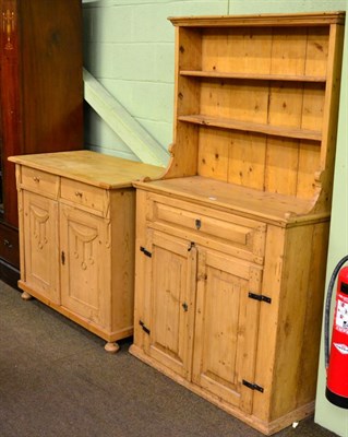 Lot 1253 - A pine dresser of small proportions together with a small farmhouse kitchen sideboard (2)