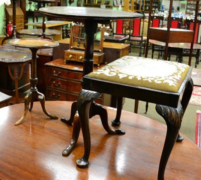 Lot 1275 - A 19th century mahogany tripod table (a.f.), a small example and a dressing stool with woolwork...