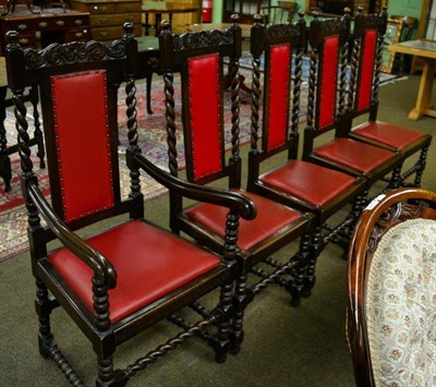 Lot 1296 - A set of five 1920s oak chairs in the 19th century style