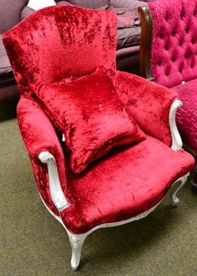 Lot 1302 - A pair of French painted armchairs, modern red velveteen upholstery, with cushions (2)