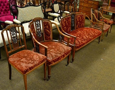 Lot 1306 - A seven piece Edwardian inlaid rosewood parlour suite comprising four occasional chairs, two...