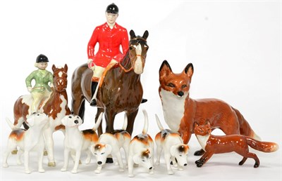 Lot 76 - Beswick Hunting Group Comprising: Huntsman (Style Two, Standing), model No. 1501, Girl on Pony,...