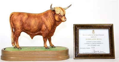 Lot 120 - Royal Worcester Highland Bull, model No. RW3999 by Doris Lindner, on wooden plinth, framed...