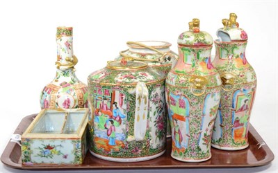 Lot 131 - A group of 19th century Chinese Canton porcelain vases; teapots; a mug; and a box